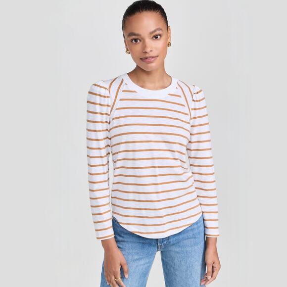 Veronica Beard Mason Stripe Puff Sleeve Baseball Tee White Caramel Size M - Picture 5 of 16